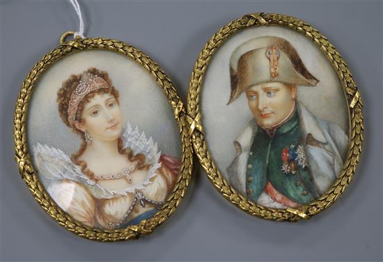 A pair of early 20th century oil on ivory miniatures of Napoleon and Josephine, 8.5 x 7cm